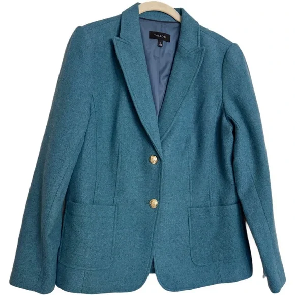 Talbots Jacket Blazer Teal Career Lined Gold Crest Buttons Wool Blend Size 10 - Picture 1 of 16